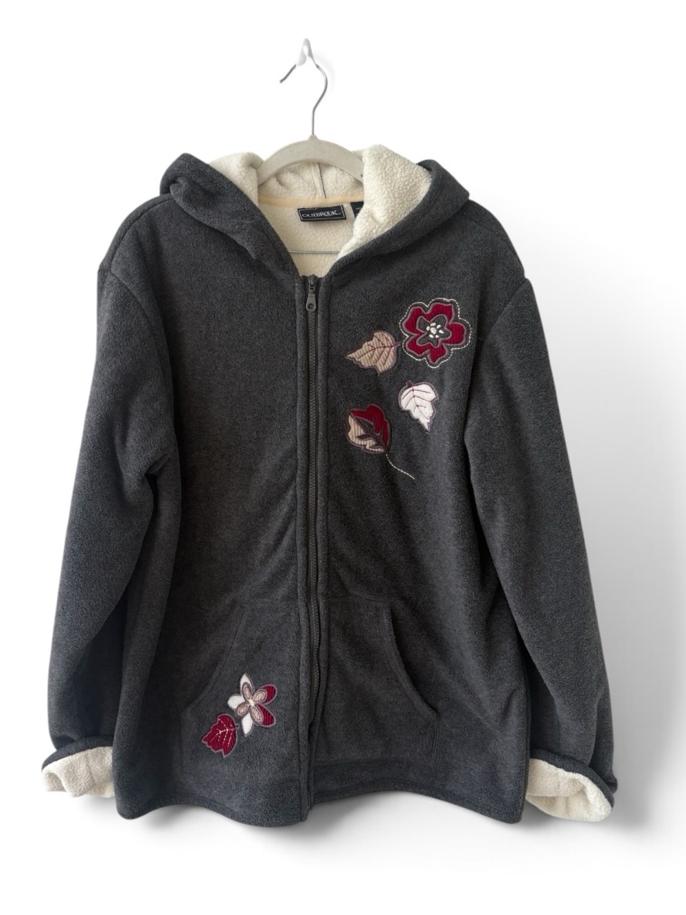 Outbrook Sherpa Lined Fleece Jacket Floral Embroidered Hooded Full Zip Medium